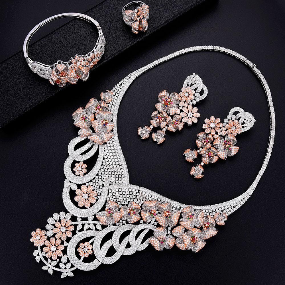 Super Luxury 4PCS  Big Flowers Cubic Zirconia Set Jewelry Sets For Women Wedding Cubic Zirconia Bridal Set - La Veliere