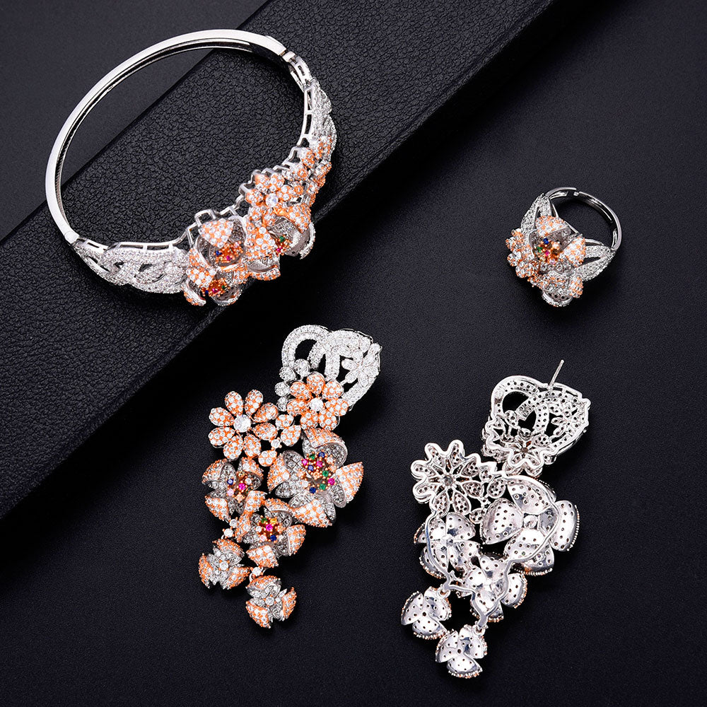 Super Luxury 4PCS  Big Flowers Cubic Zirconia Set Jewelry Sets For Women Wedding Cubic Zirconia Bridal Set - La Veliere