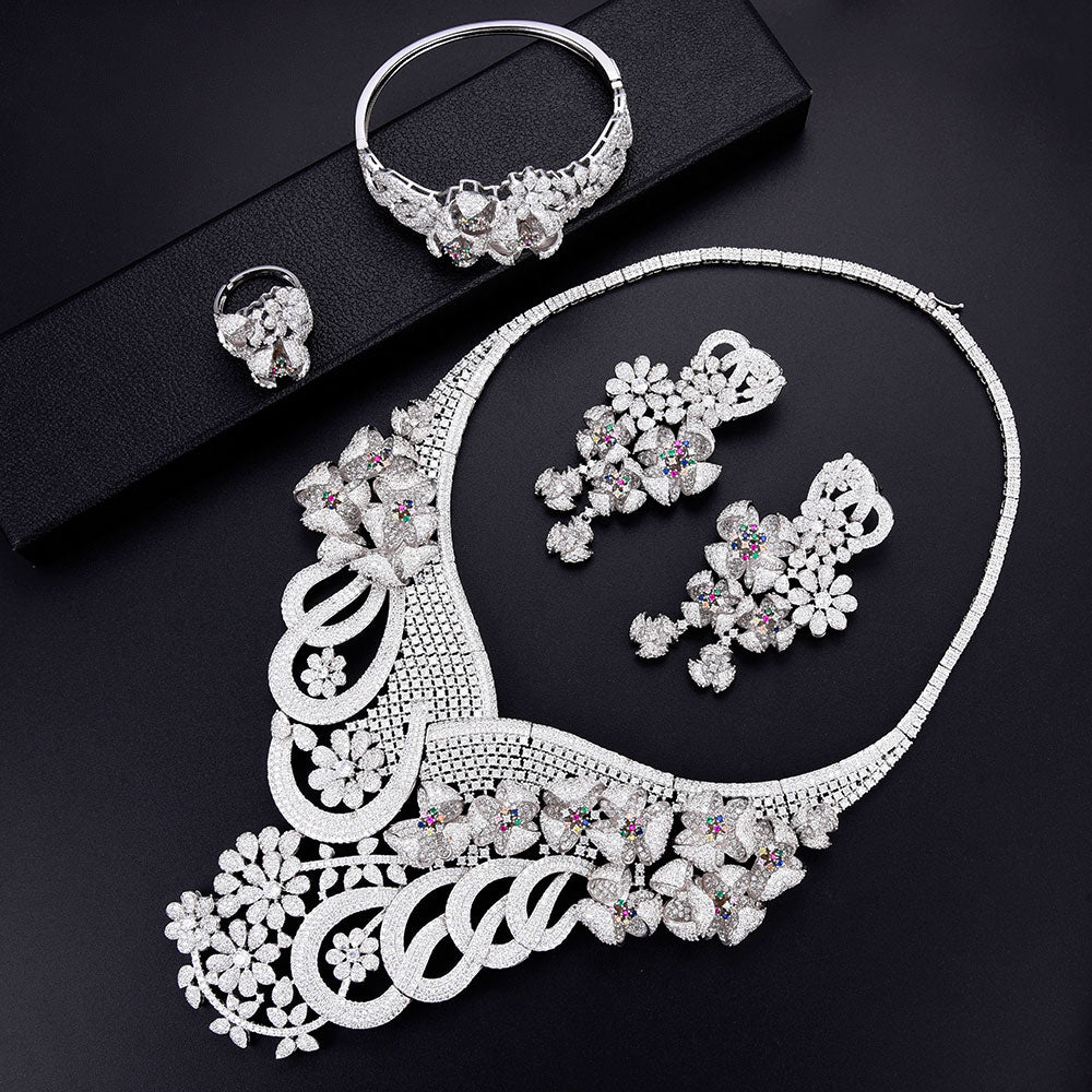 Super Luxury 4PCS  Big Flowers Cubic Zirconia Set Jewelry Sets For Women Wedding Cubic Zirconia Bridal Set - La Veliere