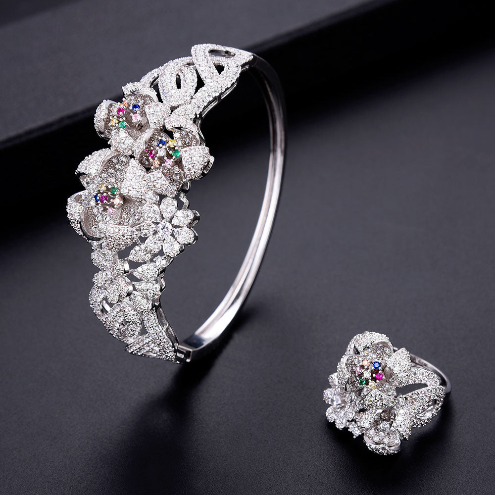 Super Luxury 4PCS  Big Flowers Cubic Zirconia Set Jewelry Sets For Women Wedding Cubic Zirconia Bridal Set - La Veliere