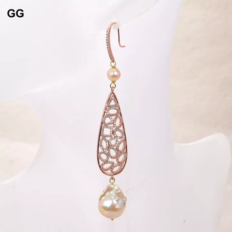 45'' Multi Color Pearl Rose Golden Plated Connector Necklace Cz Teardrop Pendant and Earrings - La Veliere