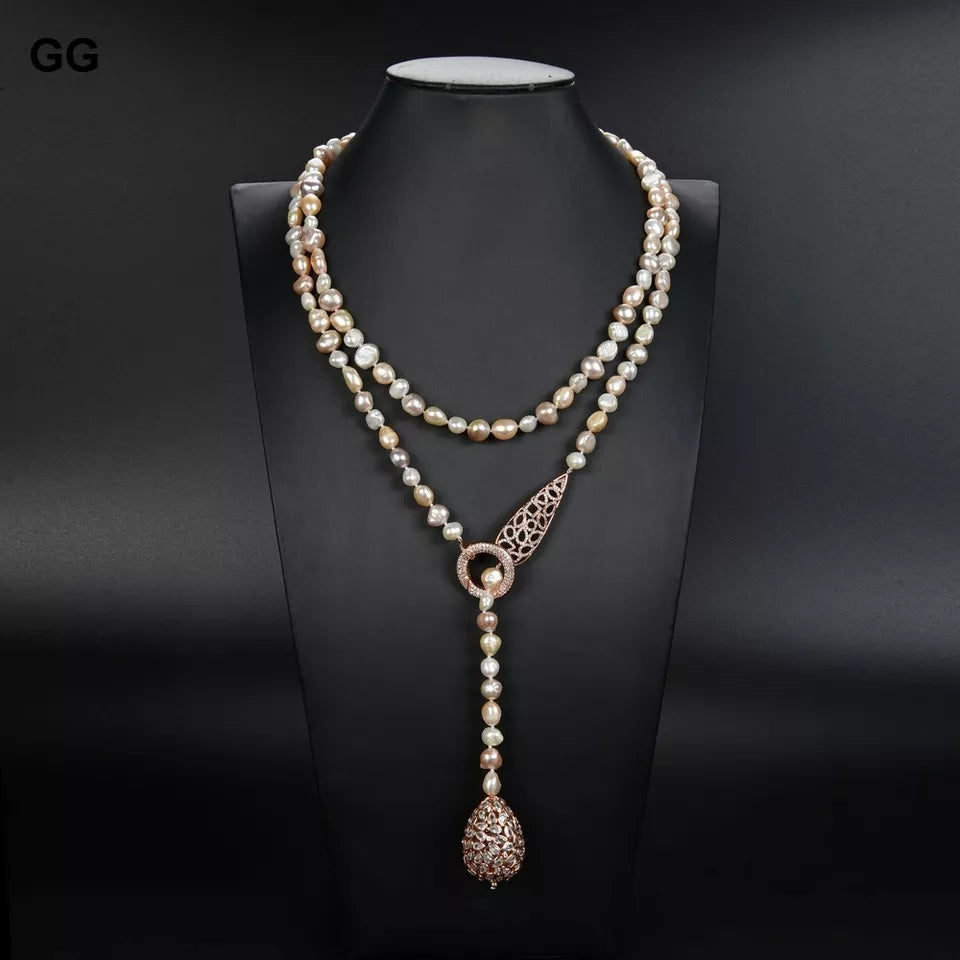45'' Multi Color Pearl Rose Golden Plated Connector Necklace Cz Teardrop Pendant and Earrings - La Veliere