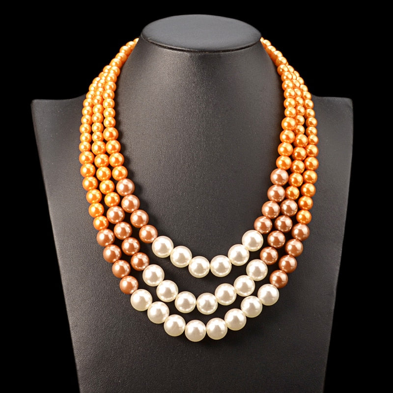 UDDEIN Ethnic statement necklace for women Multi layer simulated pearl jewelry bib beads maxi necklace African bead jewelry - La Veliere