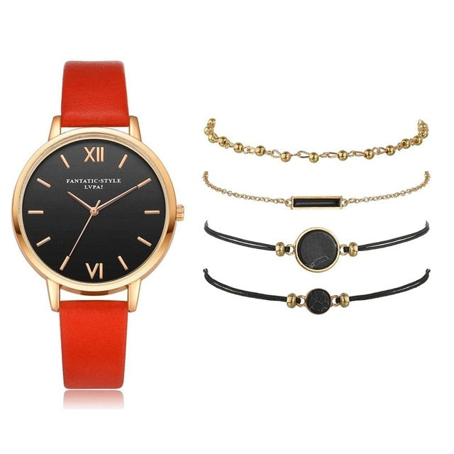 Watch Set Women 5pcs Woman Quartz Wristwatch Leather Ladies Bracelet Luxury Watch Casual Relogio Femenino Gift For Girlfriend - La Veliere