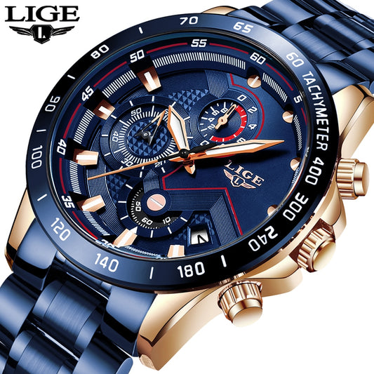 LIGE 2020 New Fashion Men's Stainless Steel Cronograph Quartz Watch - La Veliere