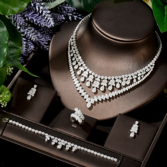 HIBRIDE Top New White Cubic Zirconia Full Micro Pave Necklace Earring Set 4pcs Nigeria Weeding Women Heavy Dinner Jewelry N-1598 - La Veliere