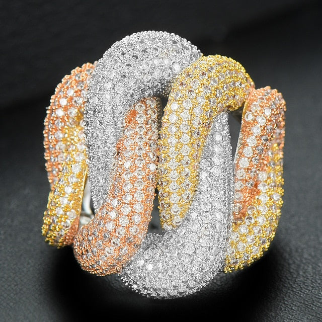 Luxury Tricolor Crossover Bold Rings with Zirconia Stones 2020 Women Engagement Party Collection - La Veliere