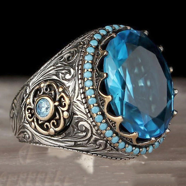 Retro Handmade Turkish Signet Ring For Men Women Ancient Silver Color Carved Ring Inlaid Blue Zircon Party Punk Motor Biker Ring - La Veliere