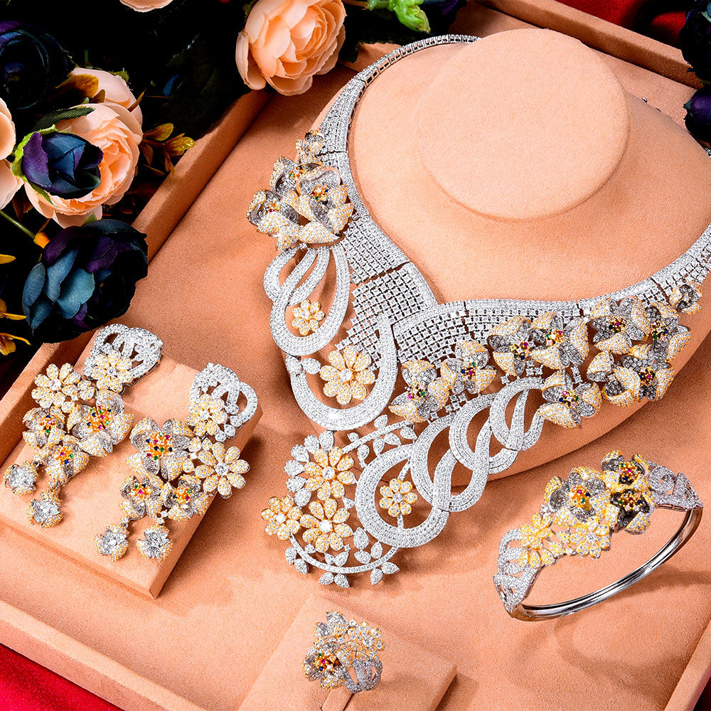 Super Luxury 4PCS  Big Flowers Cubic Zirconia Set Jewelry Sets For Women Wedding Cubic Zirconia Bridal Set - La Veliere