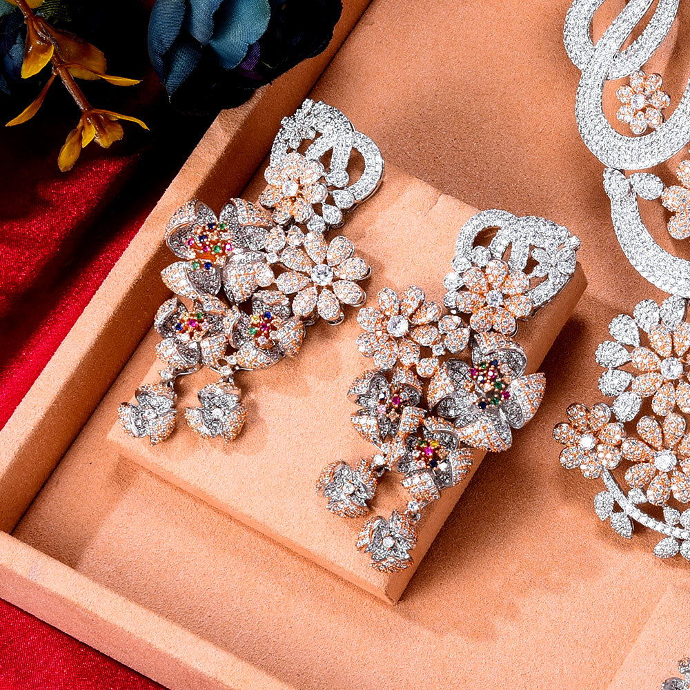 Super Luxury 4PCS  Big Flowers Cubic Zirconia Set Jewelry Sets For Women Wedding Cubic Zirconia Bridal Set - La Veliere