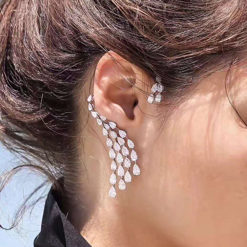 HIBRIDE Luxury Design Clear Cubic Zircon Water Drop Ear Cuff Women Clip Earrings Single Piece E-407 - La Veliere